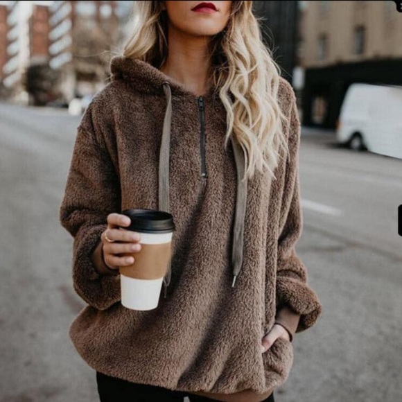 NEW•L-1X•Cozy Pass My Espresso Sherpa Pullover Plush Jacket - Picture 2 of 13